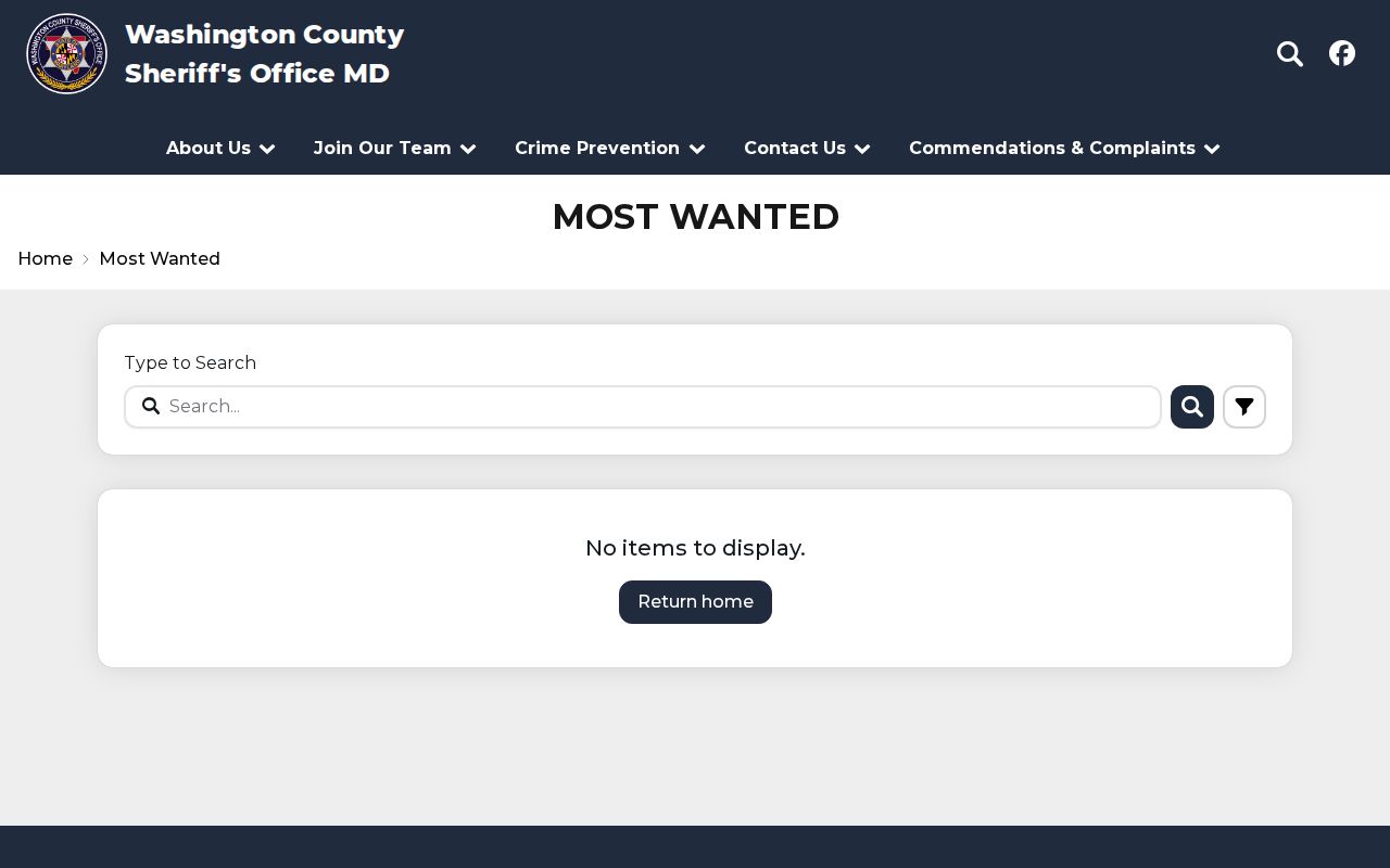Washington County Sheriff's Office Most Wanted search page
