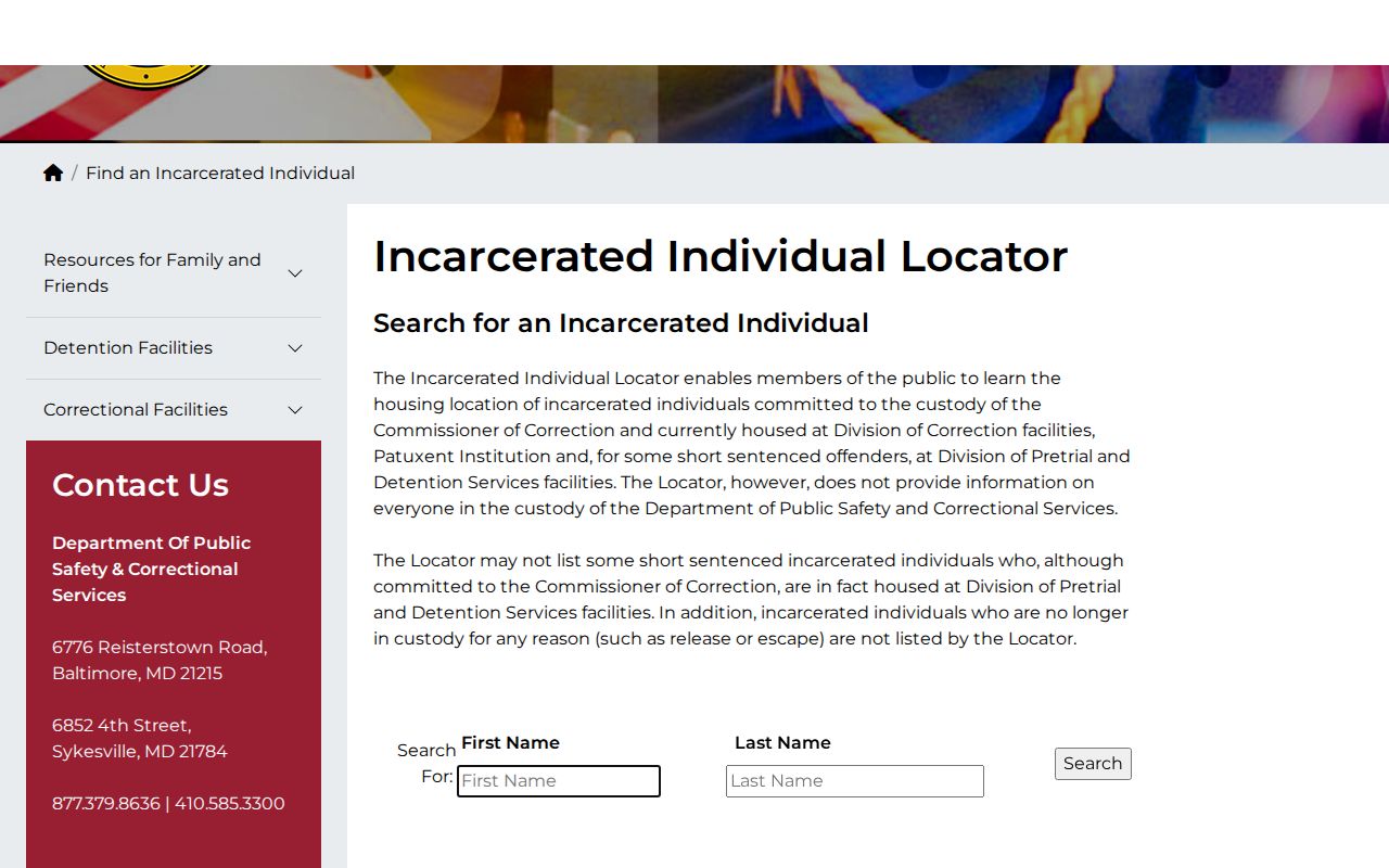 Maryland DPSCS incarcerated individual locator