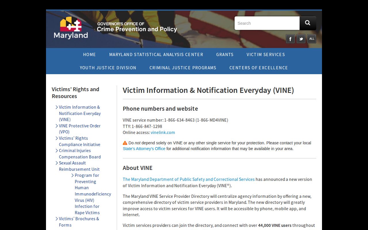 Official Maryland VINE service page describing custody information and notifications