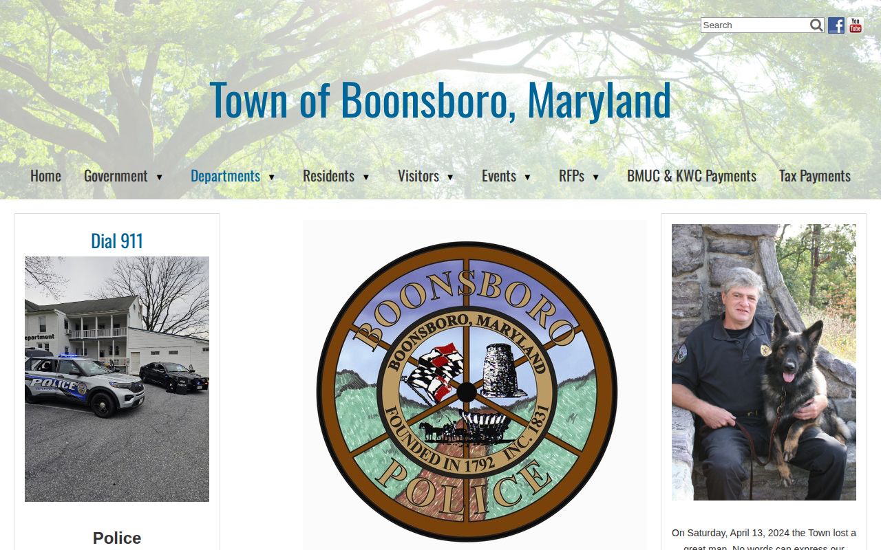 Official Boonsboro Police Department page showing department contact information