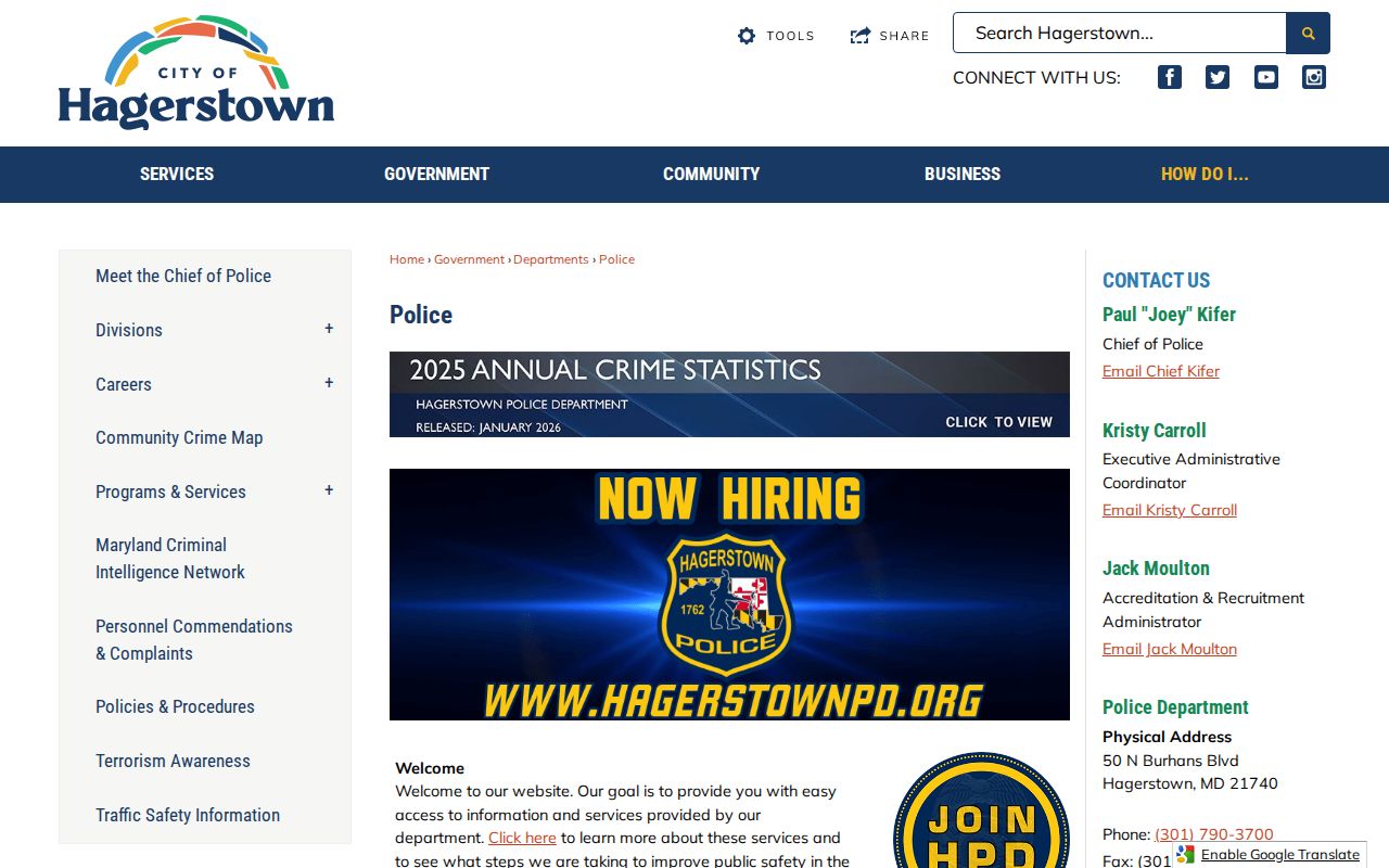 Official Hagerstown Police Department webpage with contact and records links